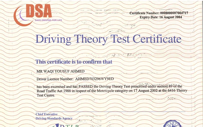 Theory Test Certificate